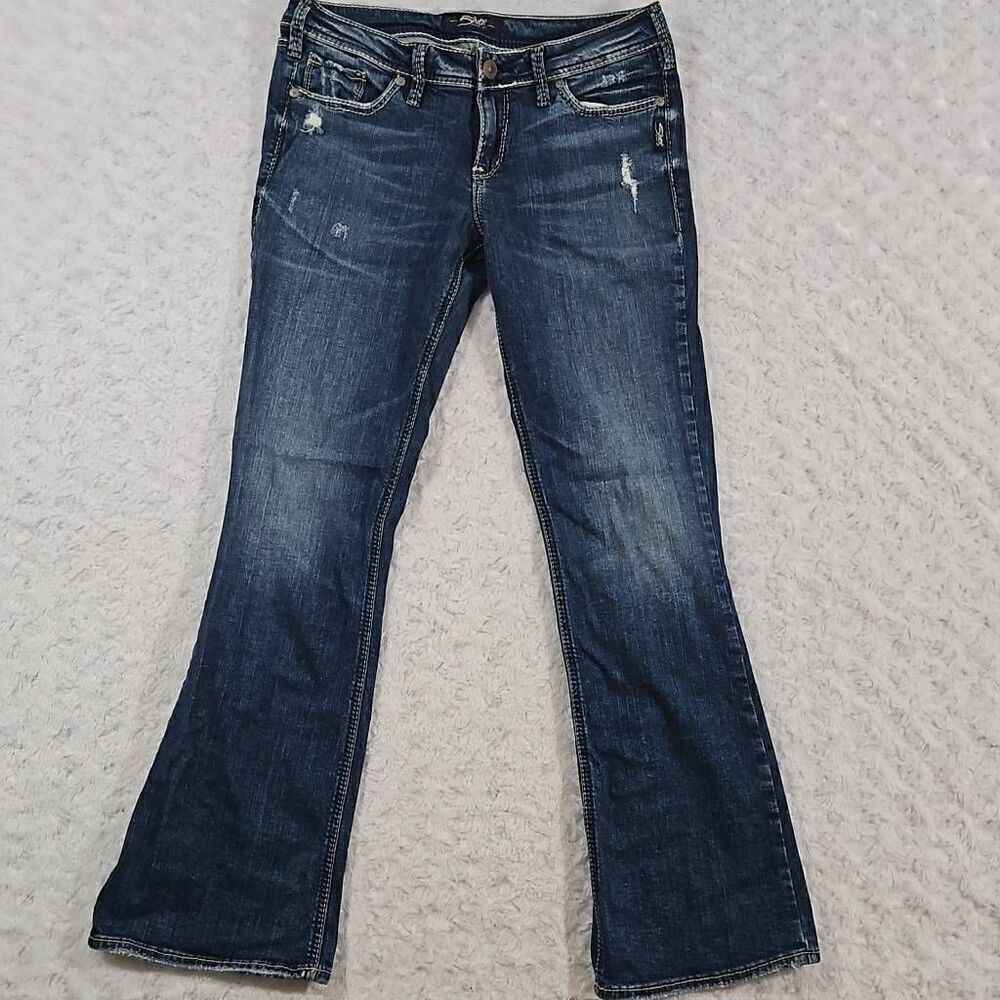 Silver womens 29/L33 Suki Bootcut medium faded wash destructed jeans
